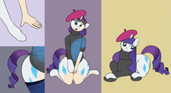 Size: 2599x1418 | Tagged: safe, artist:redpaladin, imported from derpibooru, rarity, human, pony, unicorn, beatnik rarity, beret, clothes, comic, cutie mark, fashion, hat, hip, hips, human to pony, male to female, rule 63, sequence, sweater, transformation, transgender transformation