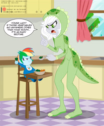 Size: 3457x4167 | Tagged: safe, artist:niban-destikim, imported from derpibooru, rainbow dash, oc, oc:fossil fluster, human, equestria girls, baby, babysitting, bib, broccoli, carrot, chair, clothes, costume, duo, duo female, equestria girls-ified, feeding, female, food, highchair, kigurumi, toddler, vegetables