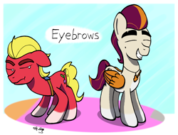 Size: 1250x950 | Tagged: safe, artist:ebbysharp, imported from derpibooru, sprout cloverleaf, earth pony, pegasus, pony, annoyed, coat markings, duo, duo male, eyebrows, eyes closed, frown, g5, grin, irritated, jewelry, looking at someone, male, necklace, pale belly, rocky riff, scrunchy face, smiling, socks (coat markings), sprout is not amused, stallion, unamused