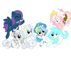 Size: 1872x1608 | Tagged: safe, artist:hieq, imported from derpibooru, oc, alicorn, bat pony, earth pony, kirin, pegasus, derpibooru community collaboration, 2023 community collab, alicorn oc, cloven hooves, elegance, friends, horn, kirin oc, manzi, pegasus oc, simple background, transparent background, wings, 叶翼, 星辉, 铃兰