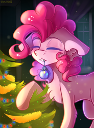 Size: 1370x1859 | Tagged: safe, alternate version, artist:yuris, imported from derpibooru, pinkie pie, earth pony, pony, christmas, christmas tree, ears back, eyes closed, female, garland, happy new year, holiday, mouth hold, new year, night, room, smiling, solo, tree