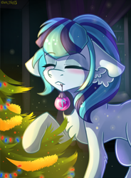 Size: 1370x1859 | Tagged: safe, alternate version, artist:yuris, imported from derpibooru, sonata dusk, earth pony, pony, christmas, christmas tree, ears back, equestria girls ponified, eyes closed, female, garland, happy new year, holiday, new year, night, ponified, room, smiling, solo, tree