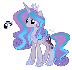 Size: 1660x1604 | Tagged: safe, artist:existencecosmos188, imported from derpibooru, oc, oc only, alicorn, pony, alicorn oc, ethereal mane, eyelashes, female, hoof shoes, horn, jewelry, magical lesbian spawn, mare, offspring, parent:princess flurry heart, parent:princess luna, peytral, simple background, slim, smiling, solo, starry mane, thin, tiara, transparent background, wings