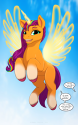 Size: 1250x2000 | Tagged: safe, alternate version, artist:runningtoaster, imported from derpibooru, sunny starscout, alicorn, pony, 20% cooler, 2022, artificial horn, artificial wings, augmented, coat markings, colored, dialogue, female, flying, g5, horn, magic, magic horn, magic wings, mare, offscreen character, old art, open mouth, open smile, rearing, sky background, smiling, socks (coat markings), solo, spread wings, unshorn fetlocks, wings