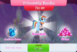 Size: 1268x856 | Tagged: safe, imported from derpibooru, rainbow dash, snowdash, manticore, pegasus, pony, bowtie, bundle, clothes, costs real money, english, female, folded wings, gameloft, gem, mare, mobile game, my little pony: magic princess, numbers, official, sale, solo, solo focus, statue, text, wings