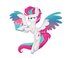 Size: 3880x2955 | Tagged: artist needed, source needed, safe, imported from derpibooru, zipp storm, pegasus, pony, colored wings, colorful, computer, eyebrows, female, flying, g5, gradient wings, grin, high res, hoof hold, laptop computer, mare, simple background, smiling, solo, spread wings, wallpaper, white background, wings