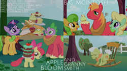 Size: 1280x720 | Tagged: safe, editor:quoterific, imported from derpibooru, apple bloom, applejack, big macintosh, granny smith, spike, twilight sparkle, dragon, earth pony, pony, unicorn, friendship is magic, season 1, apple, apple family, apple family member, apple fritter (food), apple tree, cake, cupcake, food, rocking chair, tree, unicorn twilight