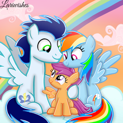 Size: 1300x1300 | Tagged: safe, artist:mlplary6, imported from derpibooru, rainbow dash, scootaloo, soarin', pegasus, pony, cloud, female, filly, foal, hug, looking at each other, looking at someone, male, mare, rainbow, scootalove, shipping, siblings, sisters, sitting, smiling, smiling at each other, soarindash, stallion, straight, sunset, trio