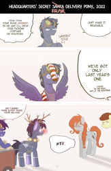 Size: 1024x1574 | Tagged: safe, artist:redheadfly, imported from derpibooru, pound cake, oc, oc:blazing sky, oc:lucky fly, pegasus, pony, fake antlers, female, glow, goggles, male, mare, pegasus oc, red nose, wings