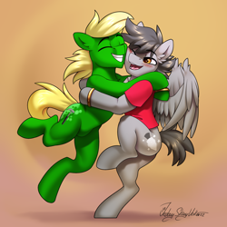 Size: 3000x3000 | Tagged: safe, artist:jedayskayvoker, imported from derpibooru, oc, oc only, oc:fault breccia, oc:vectored thrust, earth pony, pegasus, pony, bipedal, blushing, clothes, couple, cute, earth pony oc, gay, gift art, gradient background, happy, high res, hug, jewelry, jumping, looking at each other, looking at someone, male, oc x oc, pegasus oc, raised hoof, ring, shipping, shirt, short tail, smiling, smiling at each other, spread wings, stallion, tail, wedding ring, wings