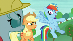 Size: 1280x720 | Tagged: safe, imported from derpibooru, screencap, applejack, ocellus, rainbow dash, changedling, changeling, earth pony, pegasus, pony, non-compete clause, season 8, spoiler:s08, applejack is not amused, clothes, cute, dashabetes, female, floppy ears, friendship student, hard hat, hat, mare, pointing, trio, trio female, unamused