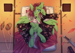 Size: 1000x698 | Tagged: safe, artist:ls_skylight, imported from derpibooru, oc, oc only, oc:watermelon success, pegasus, pony, clothes, commission, futon, geta, katana, kimono (clothing), lights, lying down, mattress, plushie, solo, sword, toy, watermark, weapon