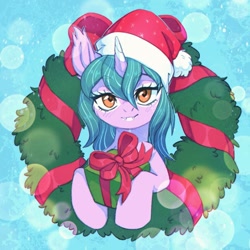 Size: 1369x1368 | Tagged: safe, artist:ls_skylight, imported from derpibooru, oc, pony, unicorn, christmas, commission, hat, holiday, present, santa hat, wreath, ych result