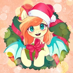 Size: 1369x1368 | Tagged: safe, artist:ls_skylight, imported from derpibooru, oc, oc only, oc:sunshine drift, bat pony, pony, bat pony oc, bat wings, christmas, commission, hat, holiday, santa hat, solo, wings, wreath, ych result