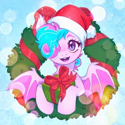 Size: 1369x1368 | Tagged: safe, artist:ls_skylight, imported from derpibooru, oc, oc only, oc:sweetie swirl, bat pony, pony, bat pony oc, bat wings, christmas, commission, hat, holiday, santa hat, solo, wings, wreath, ych result