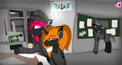 Size: 3795x2029 | Tagged: safe, artist:mairiathus, imported from derpibooru, oc, changeling, equestria at war mod, cap, clothes, eyebrows, german, hat, horn, military, orange changeling, pink changeling, radio, signature, war