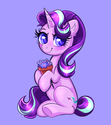 Size: 2936x3296 | Tagged: safe, artist:confetticakez, imported from derpibooru, starlight glimmer, pony, unicorn, blue background, cute, female, flower, flower pot, glimmerbetes, high res, mare, simple background, solo