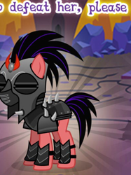 Size: 514x689 | Tagged: safe, imported from derpibooru, crystal pony, pony, alternate timeline, armor, cropped, crystal war timeline, female, gameloft, helmet, meme, mind control, my little pony: magic princess, soldier, solo, sombra soldier, sombraverse, spikes, text, unnamed character, unnamed pony, wow! glimmer