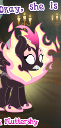 Size: 425x892 | Tagged: safe, imported from derpibooru, fluttershy, kirin, nirik, winged kirin, captain obvious, caption, cropped, english, expand dong, exploitable meme, fangs, female, fire, gameloft, horn, image macro, kirin fluttershy, kirin-ified, mane of fire, meme, my little pony: magic princess, official, solo, species swap, text, wow! glimmer