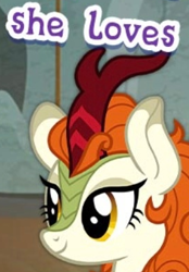 Size: 271x390 | Tagged: safe, imported from derpibooru, autumn blaze, kirin, cropped, english, female, gameloft, horn, meme, my little pony: magic princess, quill, solo, text, wow! glimmer