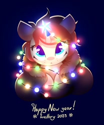 Size: 995x1200 | Tagged: safe, artist:wellory1, imported from derpibooru, oc, oc only, oc:redly, pony, unicorn, christmas, christmas lights, happy new year, happy new year 2023, holiday, horn, looking at you, solo, unicorn oc