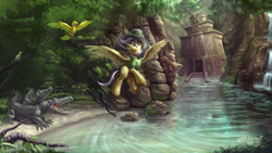 Size: 10533x5925 | Tagged: safe, artist:zilvart, imported from derpibooru, daring do, bird, crocodile, pegasus, jungle, reflection, scenery, scenery porn, temple, water, waterfall