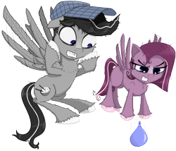 Size: 2341x2000 | Tagged: safe, artist:chopsticks, derpibooru exclusive, imported from derpibooru, oc, oc only, oc:chopsticks, oc:cookie cutter, pegasus, pony, derpibooru community collaboration, 2023 community collab, cheek fluff, chest fluff, chipped tooth, ear fluff, evil grin, father and child, father and daughter, female, filly, flying, foal, frazzled hair, grin, hat, male, pegasus oc, simple background, smiling, stallion, transparent background, unshorn fetlocks, water balloon, wings