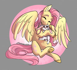 Size: 1280x1155 | Tagged: safe, artist:cosmalumi, imported from derpibooru, angel bunny, fluttershy, pegasus, pony, rabbit, angel bunny is not amused, animal, cute, daaaaaaaaaaaw, eyebrows, eyes closed, female, happy, hug, male, mare, shyabetes, smiling, unamused, underhoof