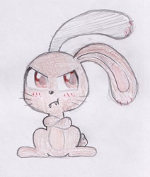 Size: 1048x1235 | Tagged: safe, artist:foxtrot3, imported from derpibooru, oc, oc only, oc:whistle, changeling, rabbit, undead, vampire, animal, crossed arms, fangs, pouting, red eyes, simple background, solo, traditional art, white background