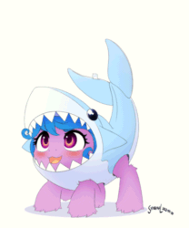 Size: 600x720 | Tagged: safe, artist:symbianl, artist:szafir87, imported from derpibooru, izzy moonbow, pony, unicorn, animal costume, animated, baby shark, blushing, clothes, costume, cute, female, filly, filly izzy moonbow, g5, gif, izzybetes, kimiko glenn, shark costume, simple background, solo, voice actor joke, white background, younger