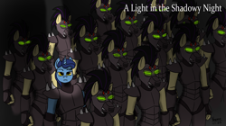 Size: 3288x1847 | Tagged: safe, artist:vesperce, imported from derpibooru, night light, anthro, unicorn, fanfic:a light in the shadowy night, alternate timeline, alternate universe, armor, crystal war timeline, fanfic, fanfic art, fanfic cover, helmet, mind control, sombra soldier