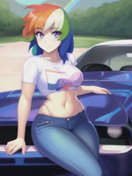 Size: 512x682 | Tagged: safe, editor:sammykun, imported from derpibooru, rainbow dash, human, big breasts, breasts, busty rainbow dash, car, clothes, denim, female, humanized, jeans, looking at you, machine learning generated, midriff, novelai, outdoors, pants, shirt, sitting, smiling, solo, stable diffusion, vehicle
