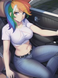 Size: 512x683 | Tagged: safe, editor:sammykun, imported from derpibooru, rainbow dash, human, big breasts, breasts, busty rainbow dash, car, clothes, denim, female, humanized, interior, jeans, looking at you, machine learning generated, midriff, novelai, outdoors, pants, shirt, sitting, smiling, solo, stable diffusion, vehicle