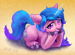 Size: 2677x1954 | Tagged: safe, artist:xbi, imported from derpibooru, izzy moonbow, pony, unicorn, abstract background, female, g5, happy, looking at you, mare, open mouth, open smile, smiling, solo, supporting head, unshorn fetlocks