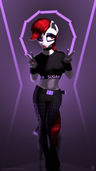Size: 1440x2560 | Tagged: safe, artist:magentastranger, imported from derpibooru, sugar moonlight, anthro, earth pony, unguligrade anthro, belly button, belt, choker, clothes, double peace sign, ear piercing, eyeshadow, fishnets, g5, goth, lipstick, makeup, midriff, nail polish, one eye closed, peace sign, piercing, socks, stockings, thigh highs