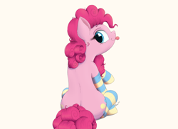Size: 2130x1551 | Tagged: safe, artist:arcane-thunder, imported from derpibooru, pinkie pie, earth pony, pony, clothes, female, looking back, mare, rear view, simple background, sitting, socks, solo, striped socks, tongue out, white background