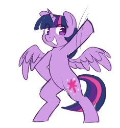 Size: 565x601 | Tagged: safe, artist:higgly-chan, imported from derpibooru, twilight sparkle, alicorn, pony, bipedal, dancing, eye clipping through hair, grin, smiling, solo, spread wings, twilight sparkle (alicorn), wings