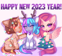 Size: 3000x2724 | Tagged: safe, artist:monstrum, imported from derpibooru, oc, oc only, oc:mia, oc:mitsy, oc:nancy, alicorn, earth pony, pony, unicorn, alicorn oc, christmas, christmas tree, cute, earth pony oc, happy new year, holiday, horn, light, oc x oc x oc, tree, trio, unicorn oc, wings