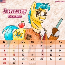 Size: 948x946 | Tagged: safe, artist:mintytreble, imported from derpibooru, hitch trailblazer, earth pony, pony, apple, calendar, food, g5, glasses, male, my little pony: a new generation, pale belly, slim, solo, stallion, sternocleidomastoid, teacher