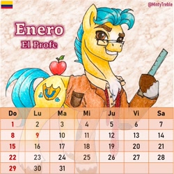 Size: 950x947 | Tagged: safe, artist:mintytreble, imported from derpibooru, hitch trailblazer, earth pony, pony, apple, calendar, food, g5, glasses, male, my little pony: a new generation, pale belly, slim, solo, spanish, stallion, sternocleidomastoid, teacher