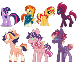 Size: 672x573 | Tagged: safe, artist:inkprism, imported from derpibooru, sunburst, sunset shimmer, tempest shadow, twilight sparkle, pony, unicorn, broken horn, cloak, clothes, coat markings, horn, looking up, parent:sunburst, parent:sunset shimmer, parent:tempest shadow, parent:twilight sparkle, simple background, socks (coat markings), transparent background, unicorn twilight