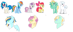 Size: 1112x485 | Tagged: safe, artist:inkprism, imported from derpibooru, apple bloom, dj pon-3, double diamond, rainbow dash, sweetie belle, vinyl scratch, zephyr breeze, earth pony, pegasus, pony, base used, bow, bust, female, filly, foal, hair bow, magical gay spawn, magical lesbian spawn, offspring, parent:apple bloom, parent:double diamond, parent:rainbow dash, parent:sweetie belle, parent:vinyl scratch, parent:zephyr breeze, simple background, sunglasses, transparent background