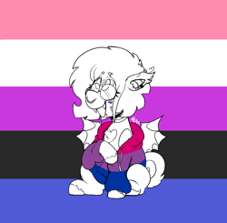 Size: 1000x980 | Tagged: safe, artist:dsstoner, imported from derpibooru, oc, bat pony, pony, bisexual, bisexual pride flag, clothes, ear piercing, earring, gender headcanon, genderfluid pride flag, glasses, hoodie, jewelry, lip piercing, nose piercing, piercing, ponysona, pride, pride flag, spread wings, wings