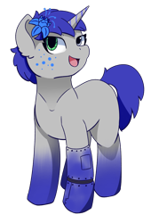 Size: 1652x2308 | Tagged: safe, artist:backgroundpony#f352, imported from derpibooru, oc, oc only, oc:astral blaze, cyborg, pony, unicorn, derpibooru community collaboration, 2023 community collab, community related, eyes open, female, flower, flower in hair, horn, looking sideways, mare, open mouth, poison joke, robot eye, robotic legs, rule 63, simple background, smiling, solo, transparent background