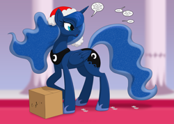 Size: 2807x2000 | Tagged: safe, artist:runningtoaster, imported from derpibooru, part of a set, princess luna, alicorn, pony, box, cardboard box, christmas, dialogue, female, hat, high res, holiday, hoof shoes, indoors, looking at something, mare, offscreen character, santa hat, solo