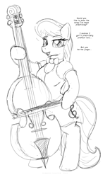 Size: 1250x2000 | Tagged: safe, artist:runningtoaster, imported from derpibooru, octavia melody, earth pony, semi-anthro, equestria girls, arm hooves, bowtie, cello, clothes, dialogue, female, human to pony, lineart, looking at you, monochrome, musical instrument, open mouth, open smile, simple background, smiling, solo, transformation, transformed, white background