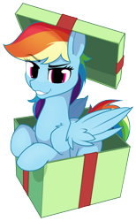 Size: 1529x2487 | Tagged: safe, artist:dacaoo, imported from derpibooru, rainbow dash, pegasus, pony, box, cute, dashabetes, eyebrows, eyebrows visible through hair, female, grin, mare, pony in a box, present, simple background, smiling, solo, transparent background
