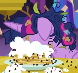 Size: 586x553 | Tagged: safe, imported from derpibooru, screencap, twilight sparkle, alicorn, pony, castle sweet castle, season 5, adorkable, cute, dirty, dork, eyes closed, floppy ears, food, head down, i'm pancake, majestic as fuck, messy, messy mane, pancakes, puncake, sleeping, solo, tired, twiabetes, twilight sparkle (alicorn), twilight's castle, whipped cream