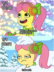 Size: 1500x1999 | Tagged: safe, edit, edited screencap, imported from derpibooru, screencap, earth pony, pony, spoiler:g5, spoiler:my little pony: tell your tale, spoiler:tyts01e37, exploitable meme, g5, happy new year, holiday, meme, my little pony: tell your tale, posey (g5), posey bloom is not amused, posey can't catch a break, snot, snow pun intended, solo, unamused