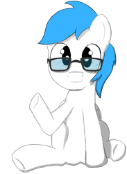 Size: 858x1174 | Tagged: safe, artist:scootaloormayfly, imported from derpibooru, oc, oc only, oc:blue beryl, pegasus, pony, derpibooru community collaboration, 2023 community collab, blue fur, glasses, looking at camera, male, pegasus oc, simple background, sitting, solo, transparent background, waving, white fur, wings